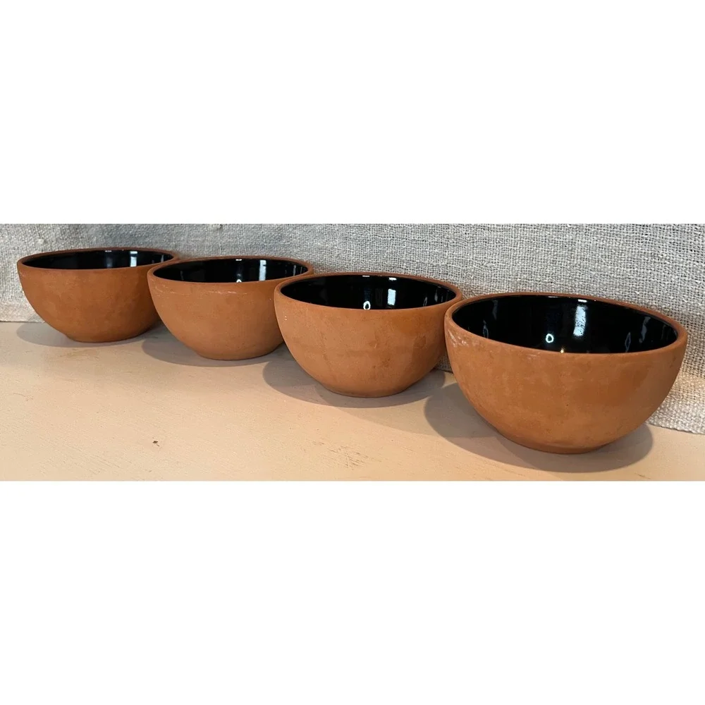 Set of 4 Romertopf Terra Rosa Reco Terracotta Bowls Black Glazed Interior Mexico